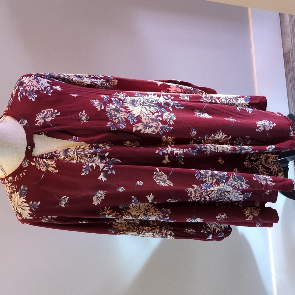 Vintage Havana Keyhole Neck Burgundy Floral Swing Tunic Dress S